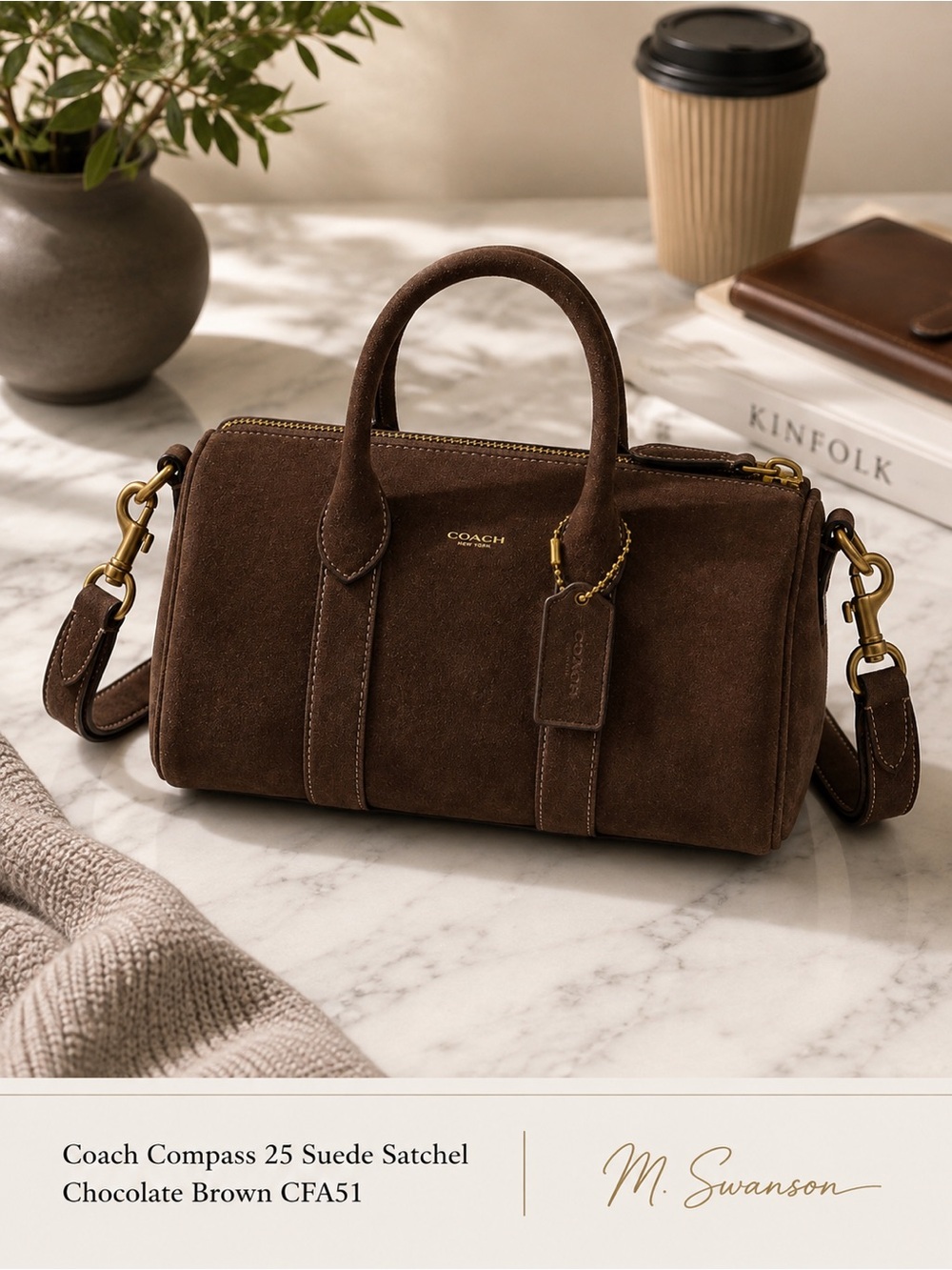 NEW Coach Compass 25 Suede Satchel Chocolate Brown CFA51 NWT